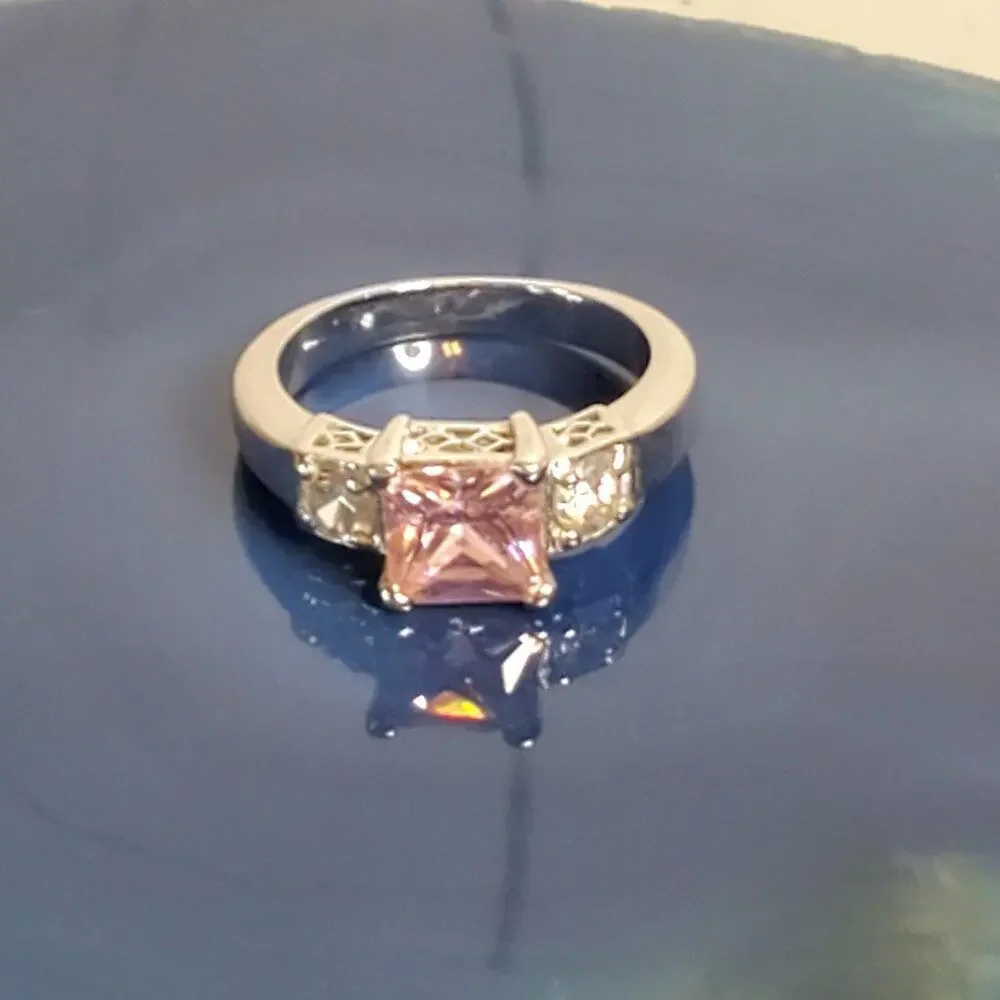Faux White Gold Pink Crystal Princess Cut Cocktail Ring 6.5